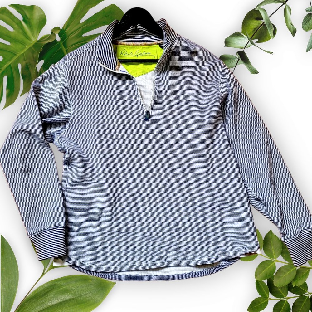 Robert Graham Cotton Zip Sweater Blue White Stripe, sz Medium